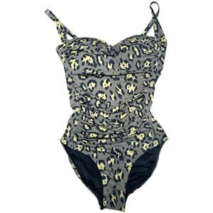 Betsey Johnson Olive Green Leopard Print Ruched One-Piece Swimsuit Swimwear M